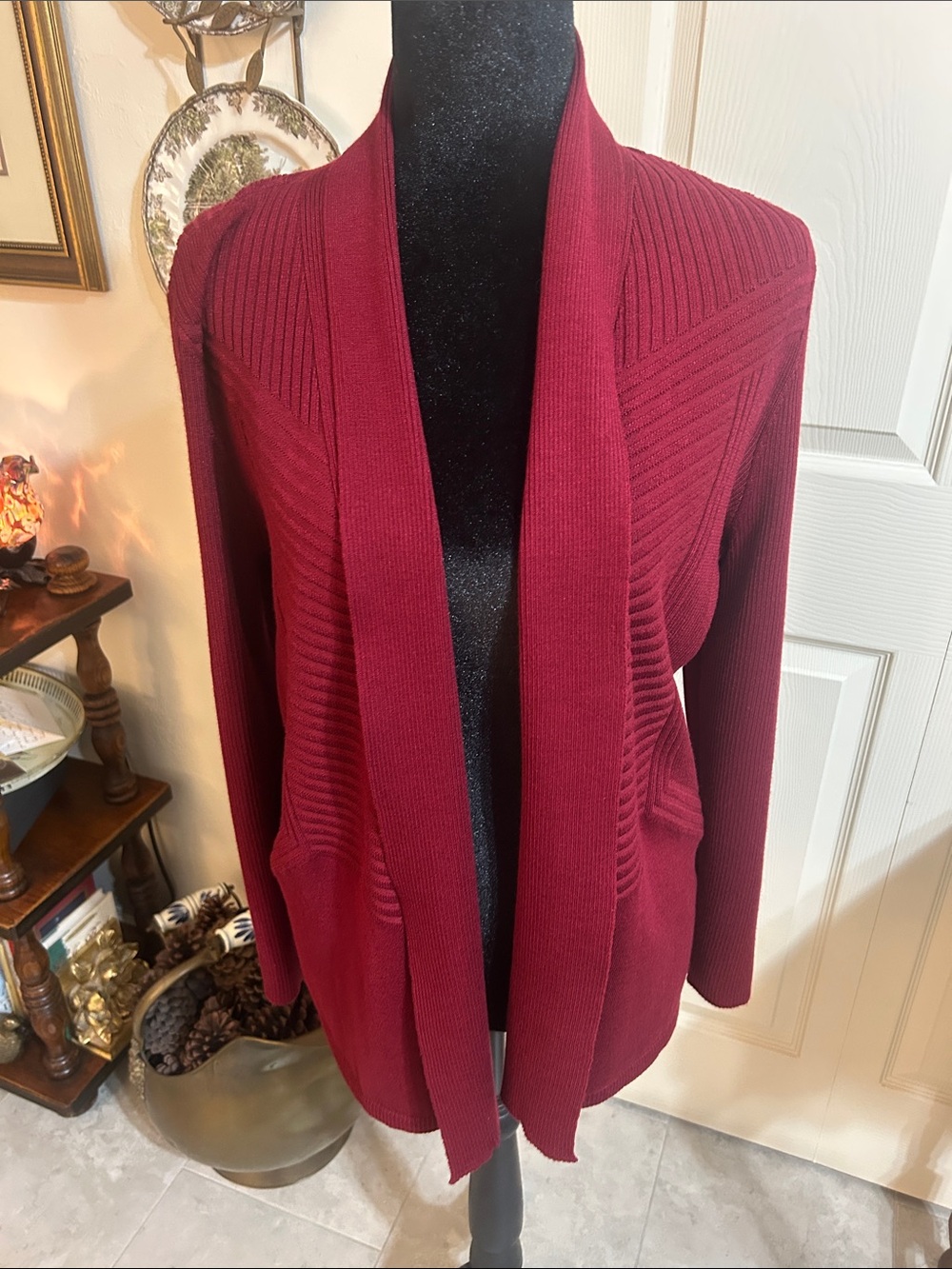 89th & Madison Open-Front Ribbed Cardigan - Wine